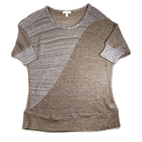 Dressbarn Short Sleeve Cover Up Tan Purple Crochet Open Knit Sweater - Picture 3 of 10